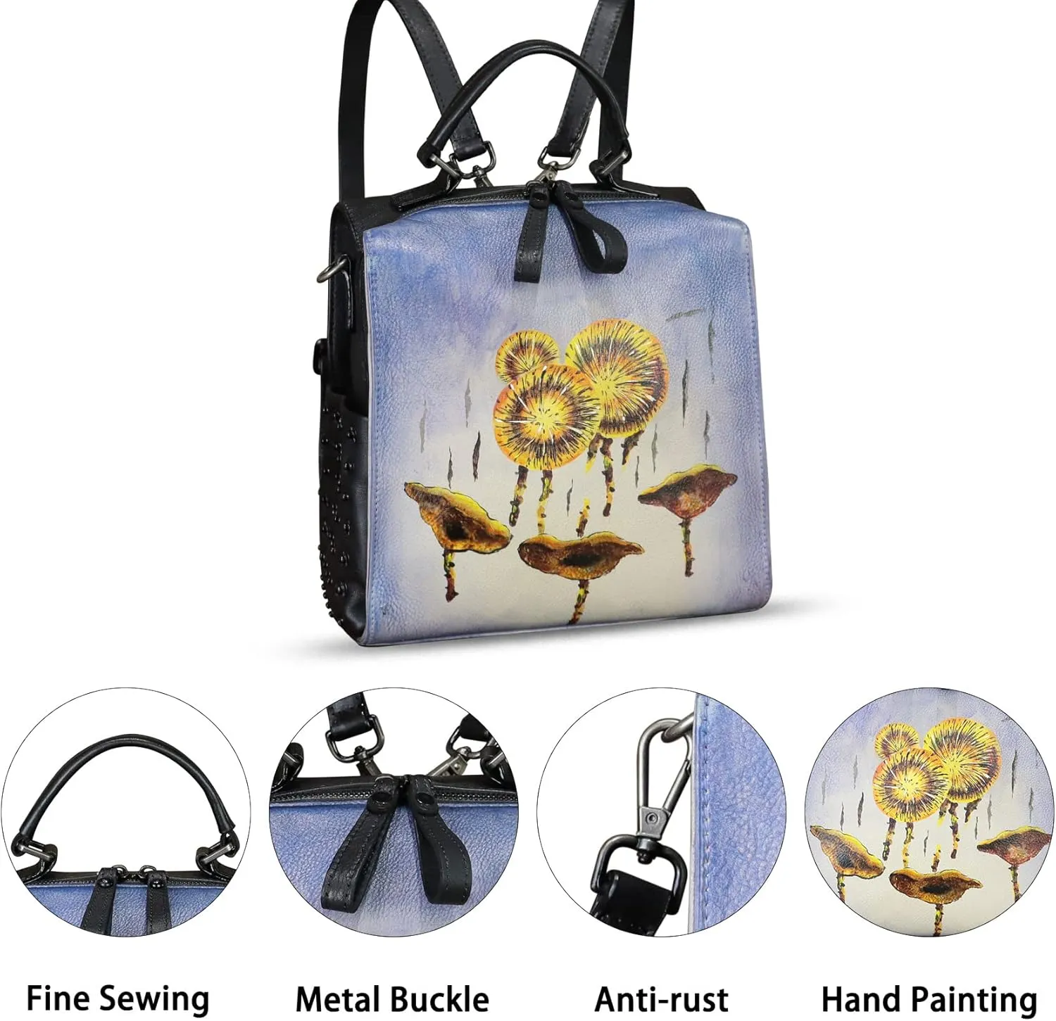 Genuine Leather Satchel for Women Hand Painted Purse Crossbody Handbag Top Handle Bags Handmade Convertible Backpack