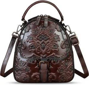 Genuine Leather Satchel for Women Purse Embossed Crossbody Handbag Top Handle Bags Handmade Convertible Backpack Knapsack