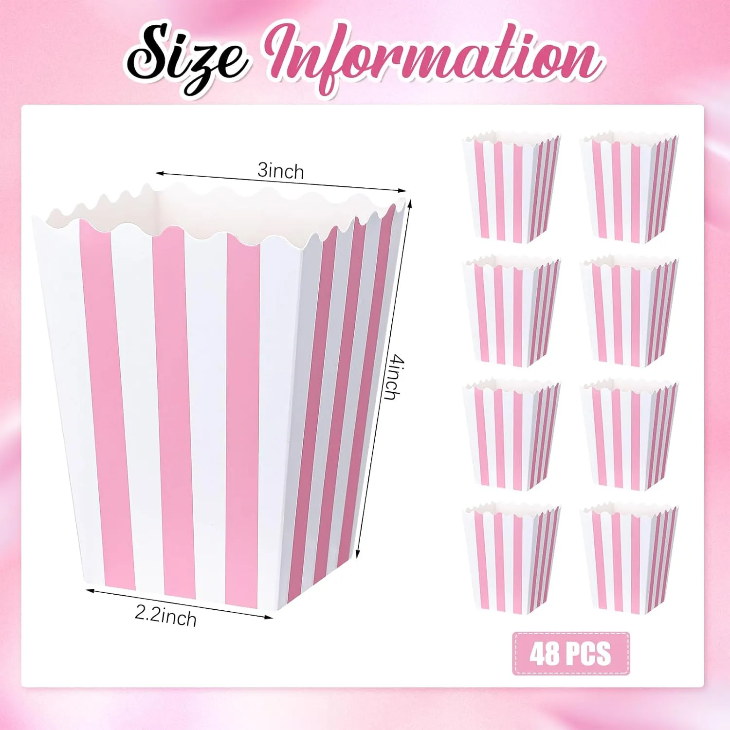 Geyoga 48 Pcs Pastel Pink Popcorn Boxes Small Large Pink and White Striped Paper Popcorn Bags Candy Containers for Birthday Party Favor Supplies(4 x 3 Inches, Small)