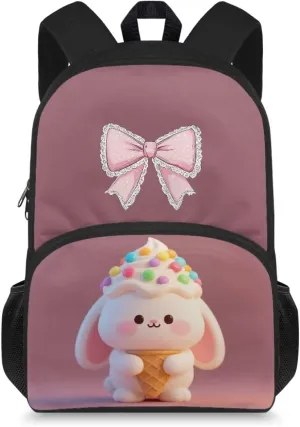 Girls Elementary Middle School Backpack,15 In School Bag, Children's Back To School Gift Waterproof With Adjustable Shoulder Strap Suitable For 8-12 Years Old Bow Bunny Pattern