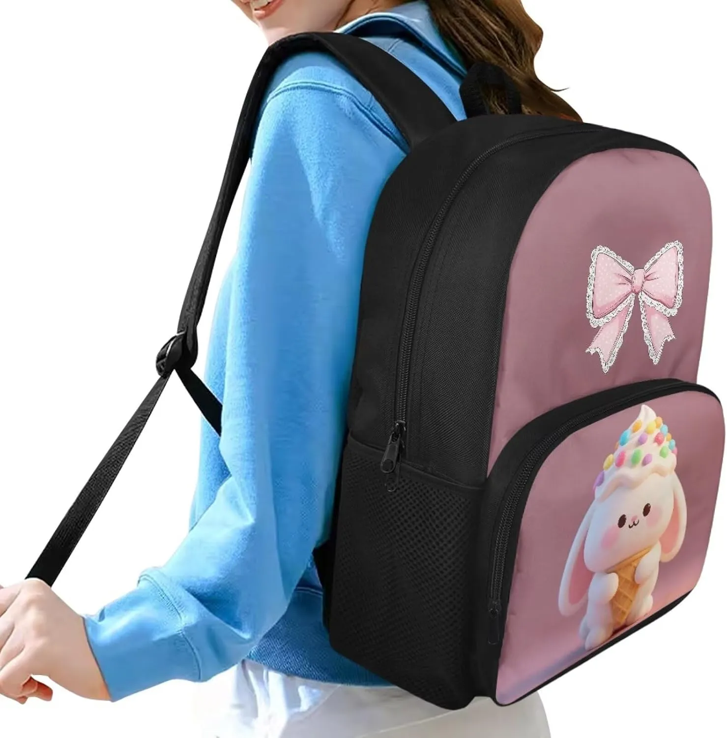 Girls Elementary Middle School Backpack,15 In School Bag, Children's Back To School Gift Waterproof With Adjustable Shoulder Strap Suitable For 8-12 Years Old Bow Bunny Pattern