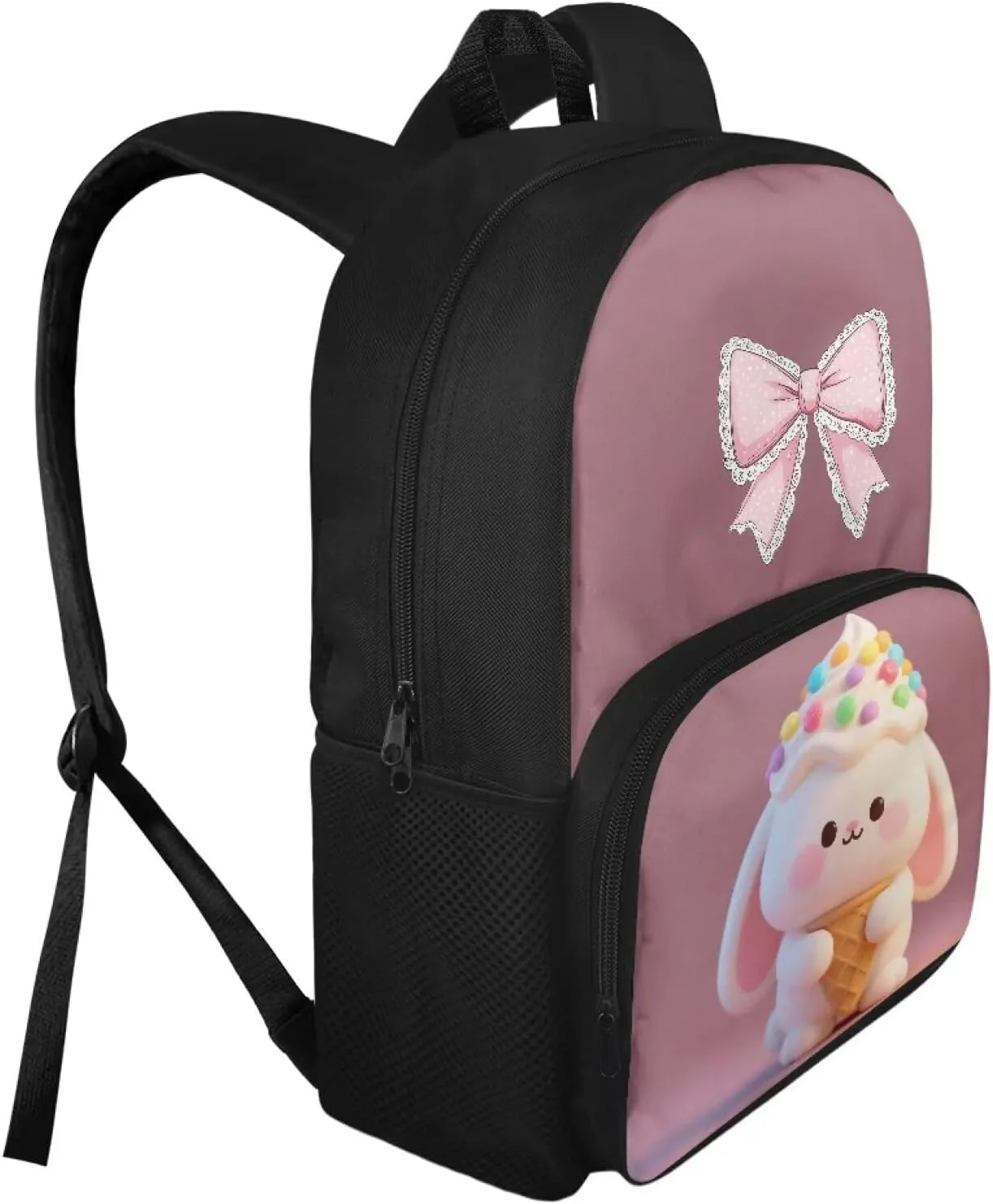 Girls Elementary Middle School Backpack,15 In School Bag, Children's Back To School Gift Waterproof With Adjustable Shoulder Strap Suitable For 8-12 Years Old Bow Bunny Pattern