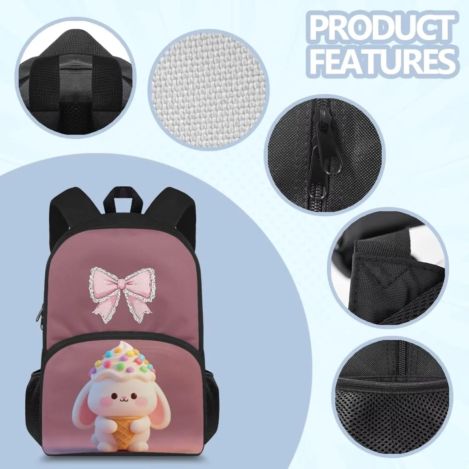 Girls Elementary Middle School Backpack,15 In School Bag, Children's Back To School Gift Waterproof With Adjustable Shoulder Strap Suitable For 8-12 Years Old Bow Bunny Pattern