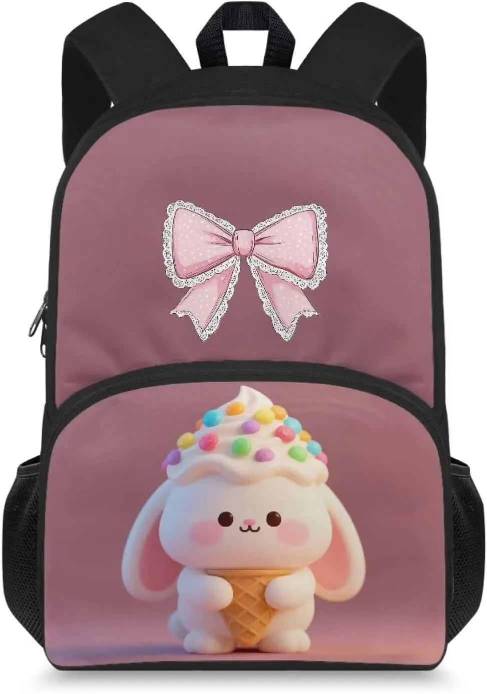 Girls Elementary Middle School Backpack,15 In School Bag, Children's Back To School Gift Waterproof With Adjustable Shoulder Strap Suitable For 8-12 Years Old Bow Bunny Pattern