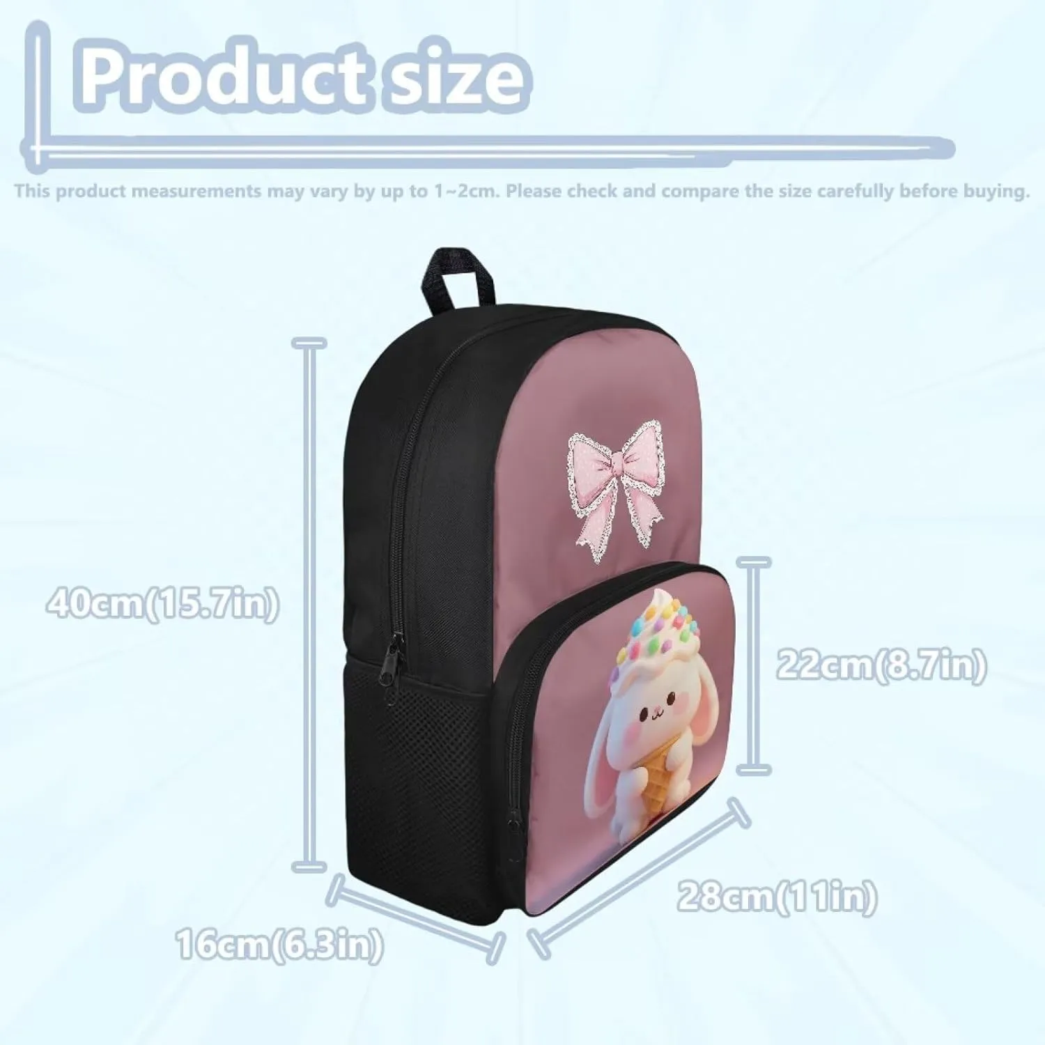 Girls Elementary Middle School Backpack,15 In School Bag, Children's Back To School Gift Waterproof With Adjustable Shoulder Strap Suitable For 8-12 Years Old Bow Bunny Pattern