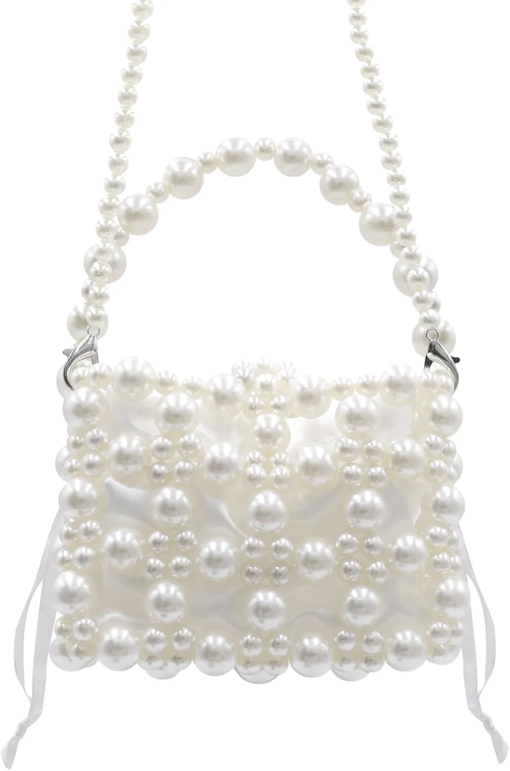 Girls Mini Pearl Purse Clutch Women Beaded Shoulder Handbag White Pearl Decoration Evening Bags with Inner Bag, 9#