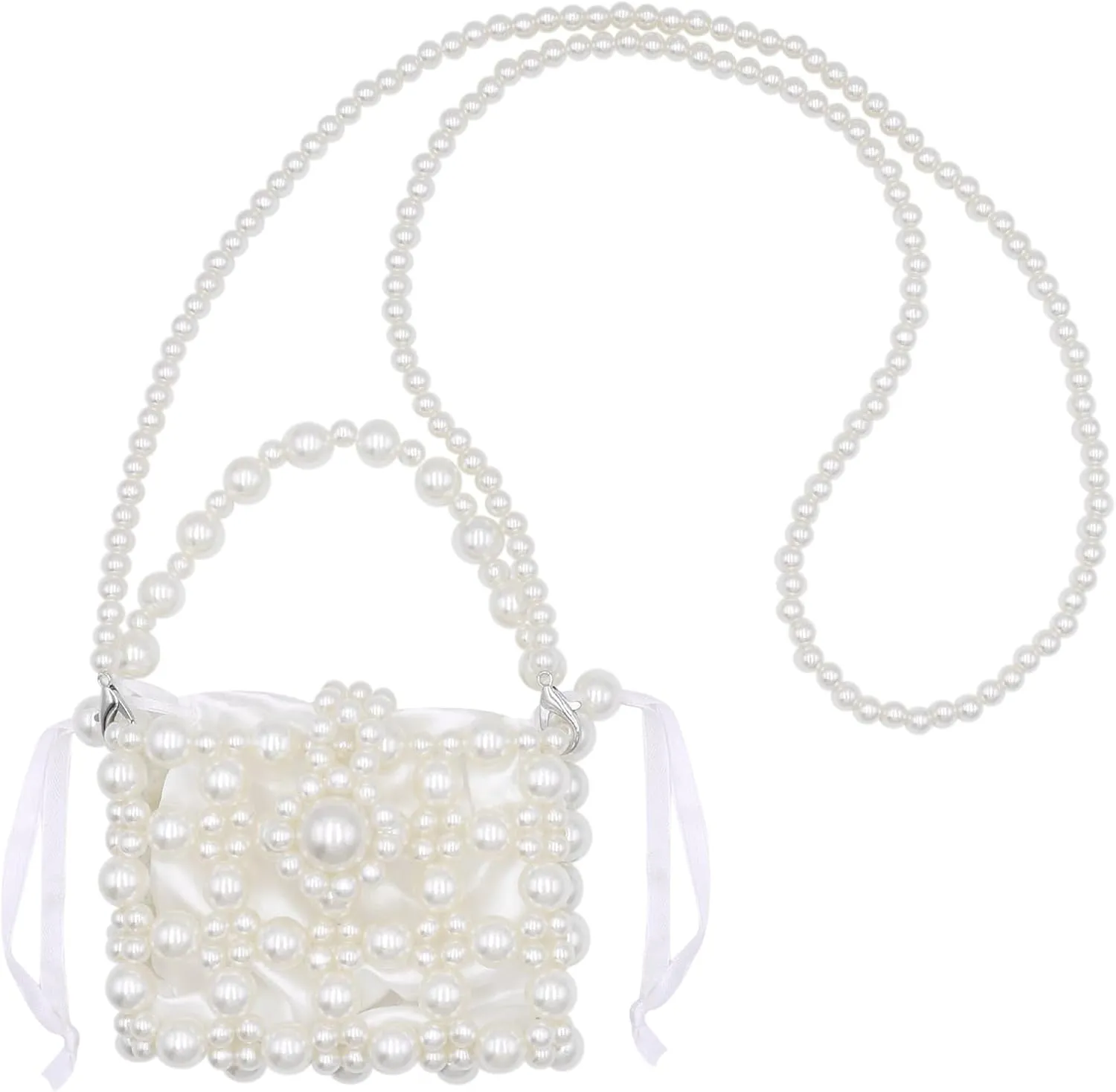 Girls Mini Pearl Purse Clutch Women Beaded Shoulder Handbag White Pearl Decoration Evening Bags with Inner Bag, 9#