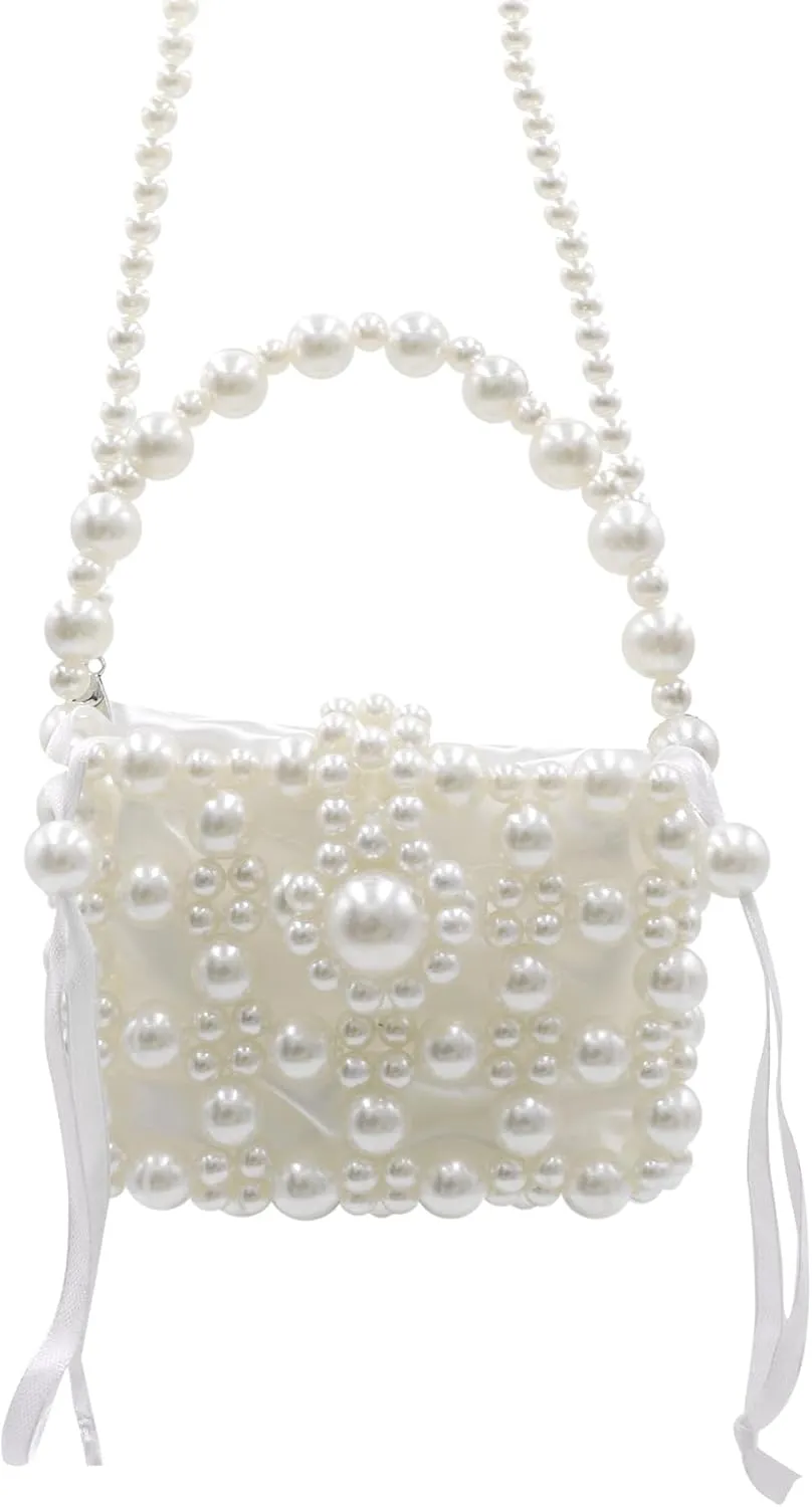 Girls Mini Pearl Purse Clutch Women Beaded Shoulder Handbag White Pearl Decoration Evening Bags with Inner Bag, 9#