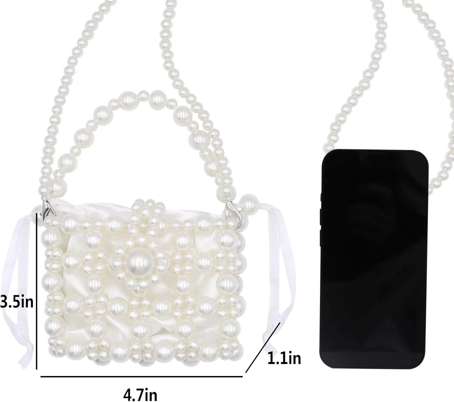 Girls Mini Pearl Purse Clutch Women Beaded Shoulder Handbag White Pearl Decoration Evening Bags with Inner Bag, 9#