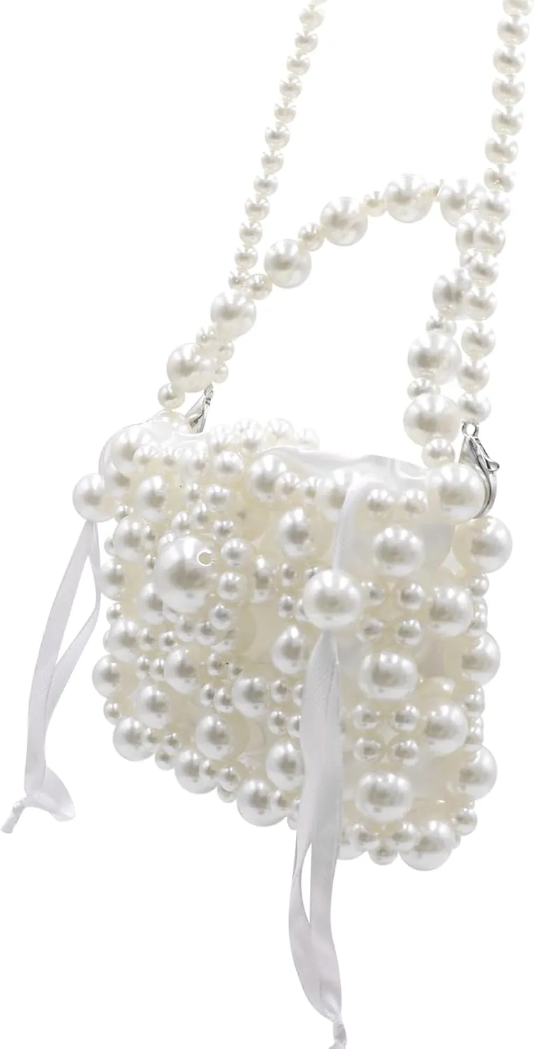 Girls Mini Pearl Purse Clutch Women Beaded Shoulder Handbag White Pearl Decoration Evening Bags with Inner Bag, 9#