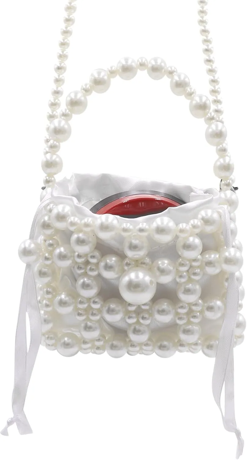 Girls Mini Pearl Purse Clutch Women Beaded Shoulder Handbag White Pearl Decoration Evening Bags with Inner Bag, 9#