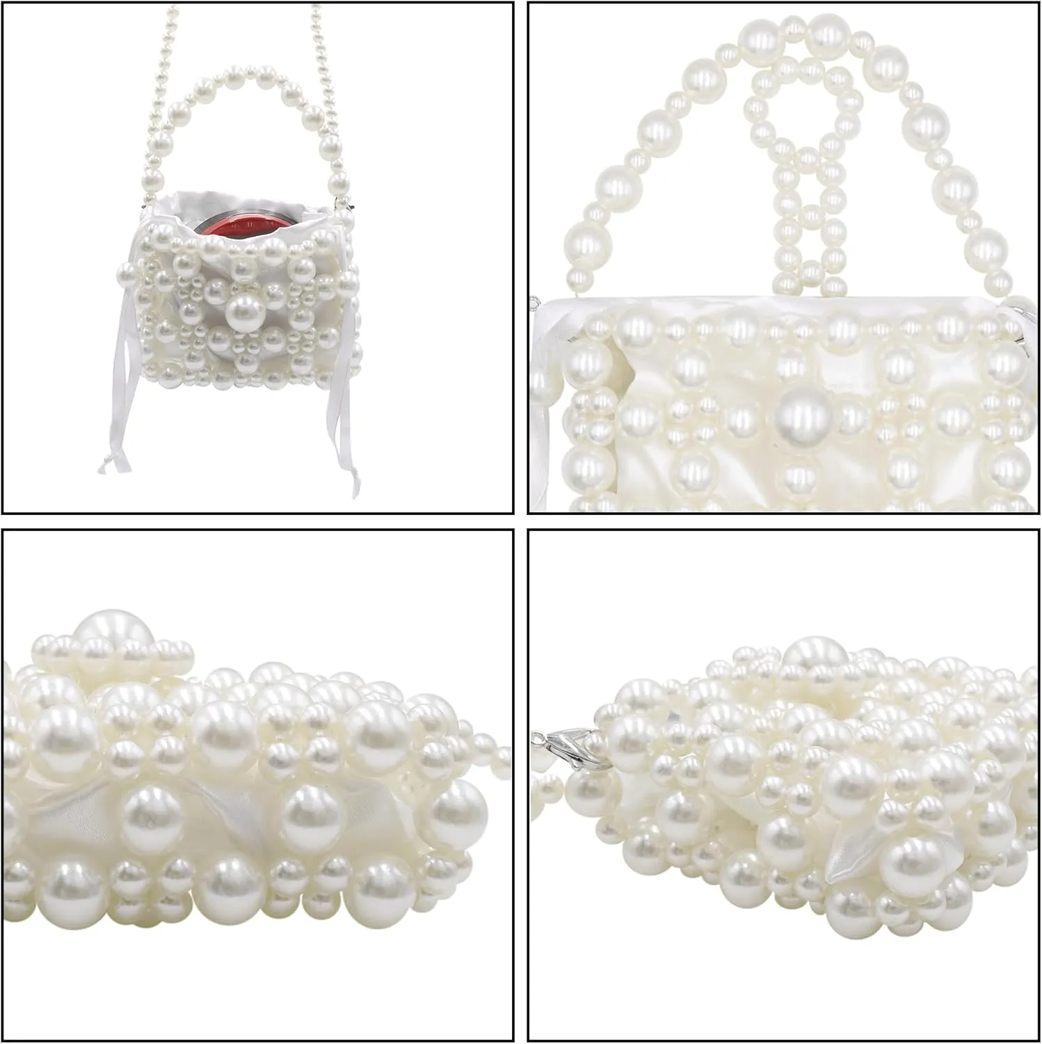 Girls Mini Pearl Purse Clutch Women Beaded Shoulder Handbag White Pearl Decoration Evening Bags with Inner Bag, 9#