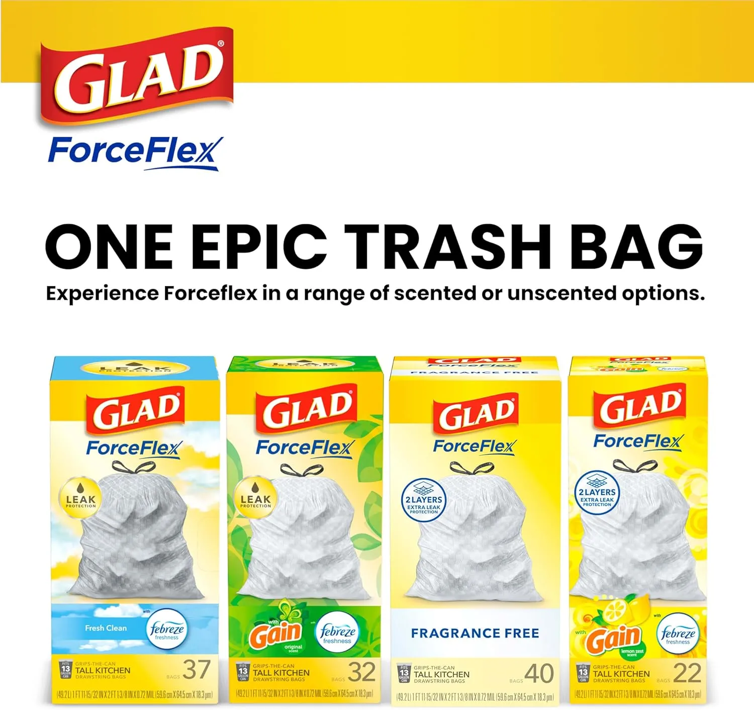 Glad ForceFlex Tall Kitchen Trash Bags, 13 Gal, Fragrance Free, 110 Ct (Package May Vary)