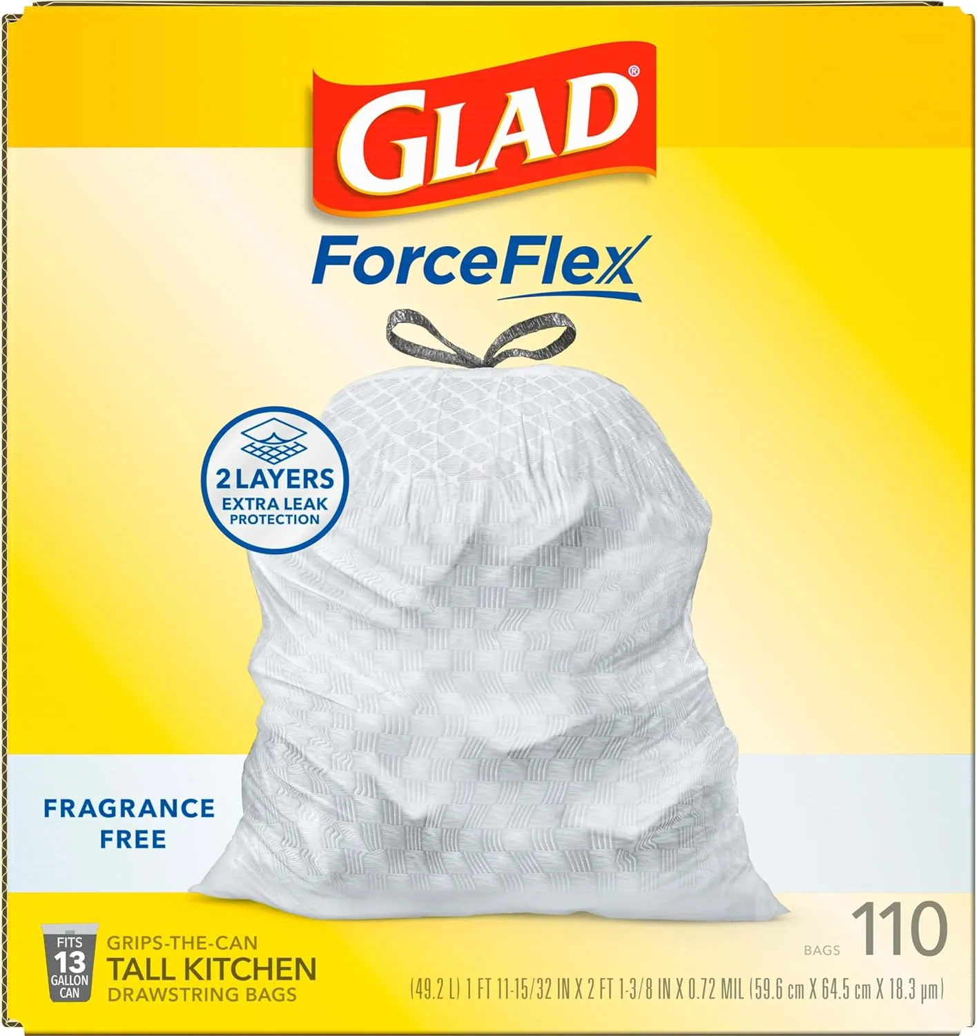 Glad ForceFlex Tall Kitchen Trash Bags, 13 Gal, Fragrance Free, 110 Ct (Package May Vary)