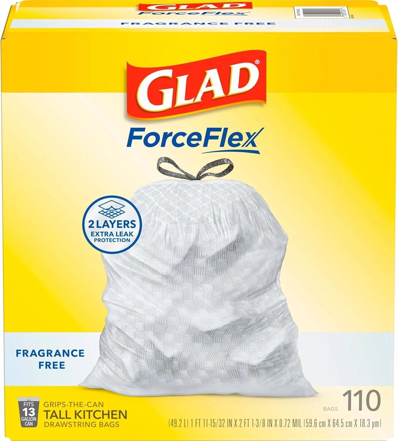 Glad ForceFlex Tall Kitchen Trash Bags, 13 Gal, Fragrance Free, 110 Ct (Package May Vary)