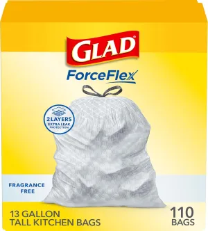 Glad ForceFlex Tall Kitchen Trash Bags, 13 Gal, Fragrance Free, 110 Ct (Package May Vary)