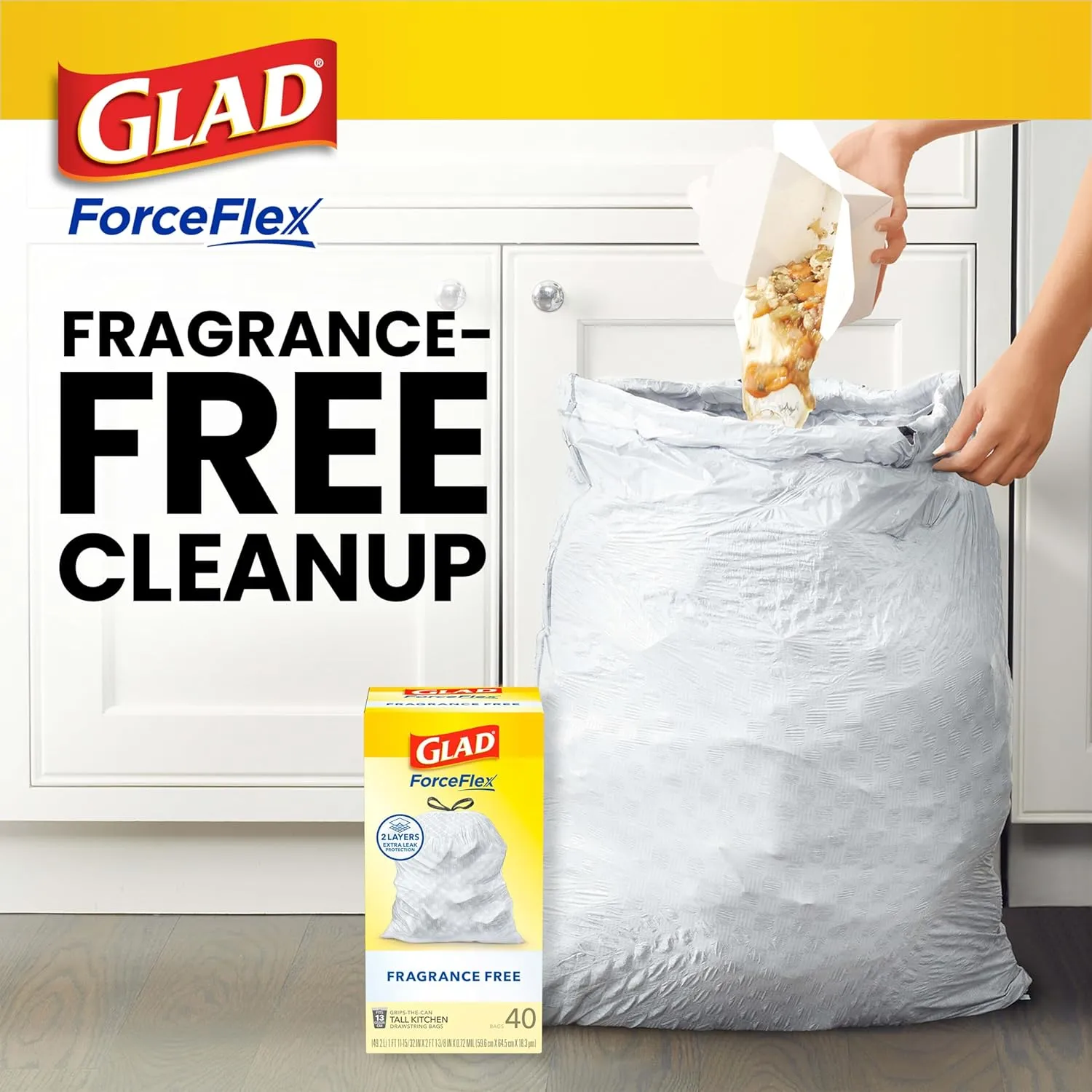 Glad ForceFlex Tall Kitchen Trash Bags, 13 Gal, Fragrance Free, 110 Ct (Package May Vary)