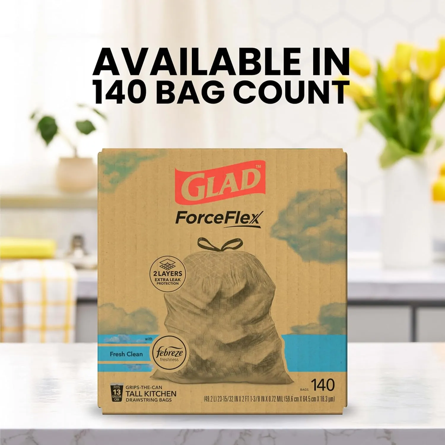 Glad ForceFlex Tall Kitchen Trash Bags, 13 Gallon, Febreze Fresh Clean Odor Shield, 140 Count (Package May Vary)