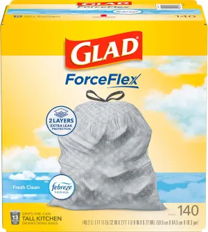 Glad ForceFlex Tall Kitchen Trash Bags, 13 Gallon, Febreze Fresh Clean Odor Shield, 140 Count (Package May Vary)