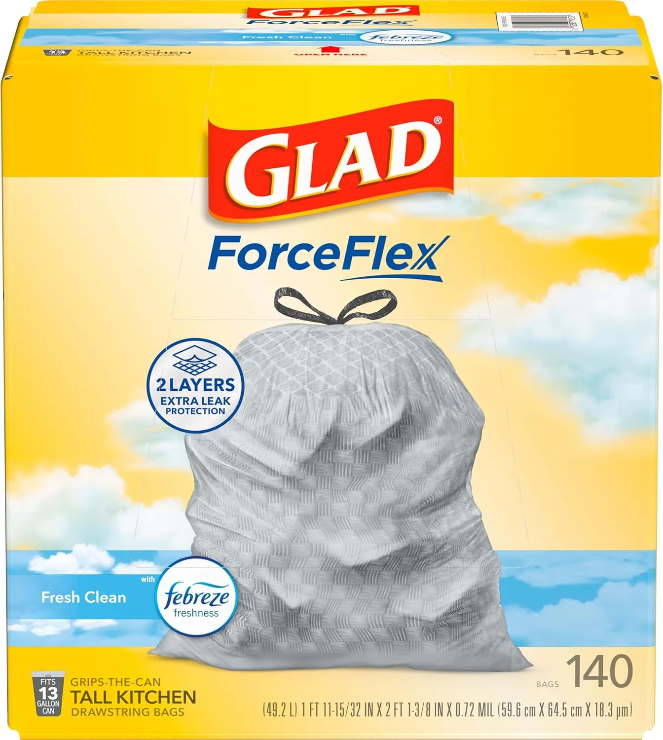 Glad ForceFlex Tall Kitchen Trash Bags, 13 Gallon, Febreze Fresh Clean Odor Shield, 140 Count (Package May Vary)