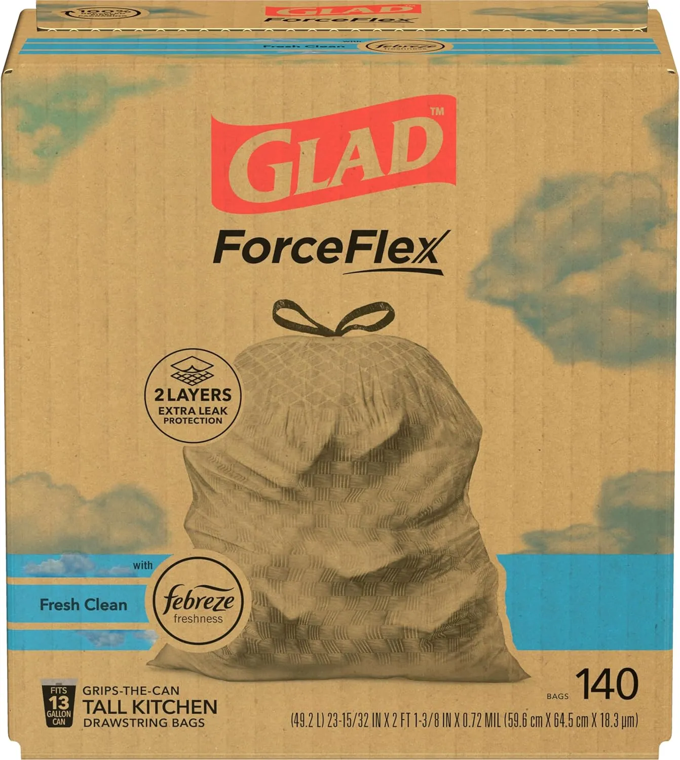 Glad ForceFlex Tall Kitchen Trash Bags, 13 Gallon, Febreze Fresh Clean Odor Shield, 140 Count (Package May Vary)