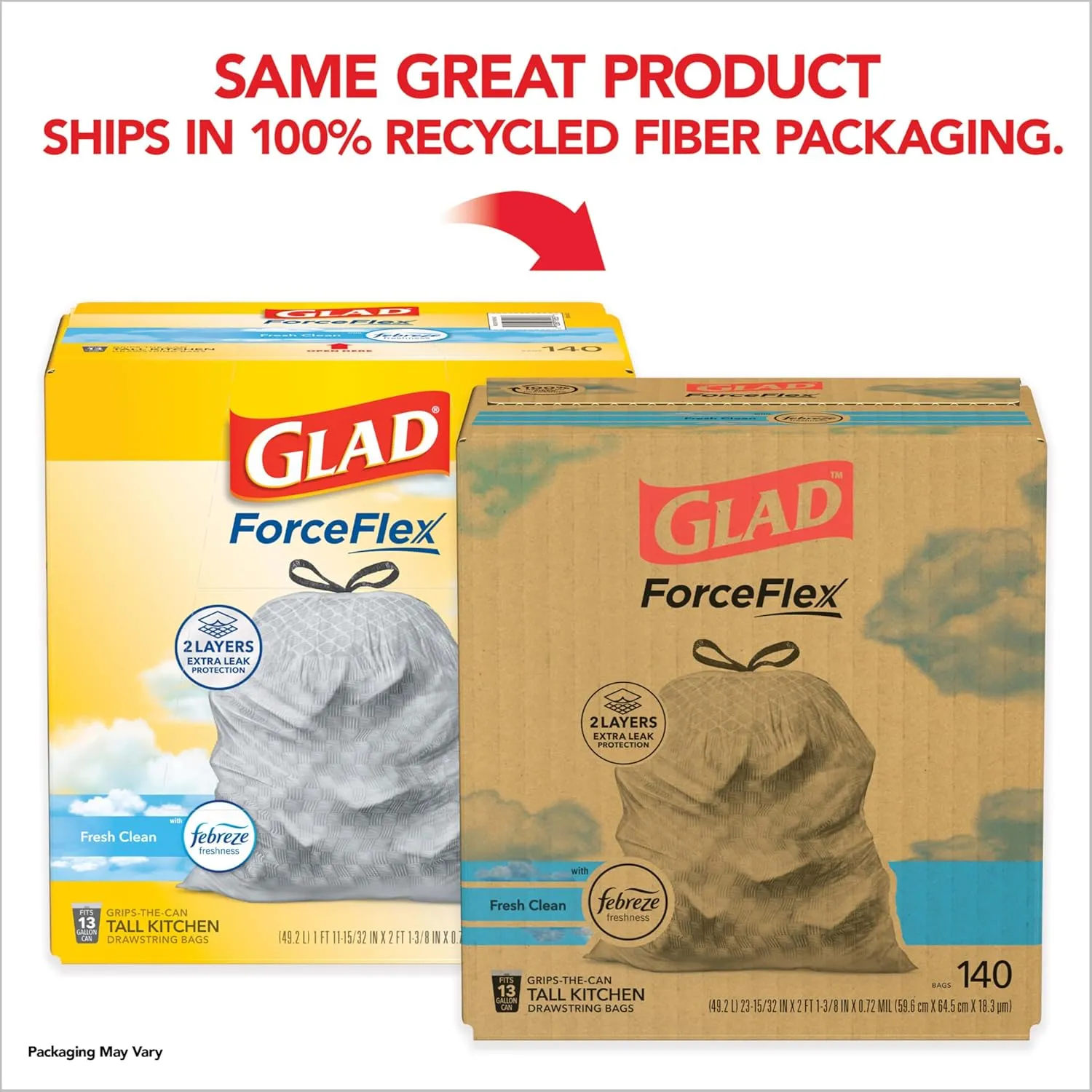 Glad ForceFlex Tall Kitchen Trash Bags, 13 Gallon, Febreze Fresh Clean Odor Shield, 140 Count (Package May Vary)