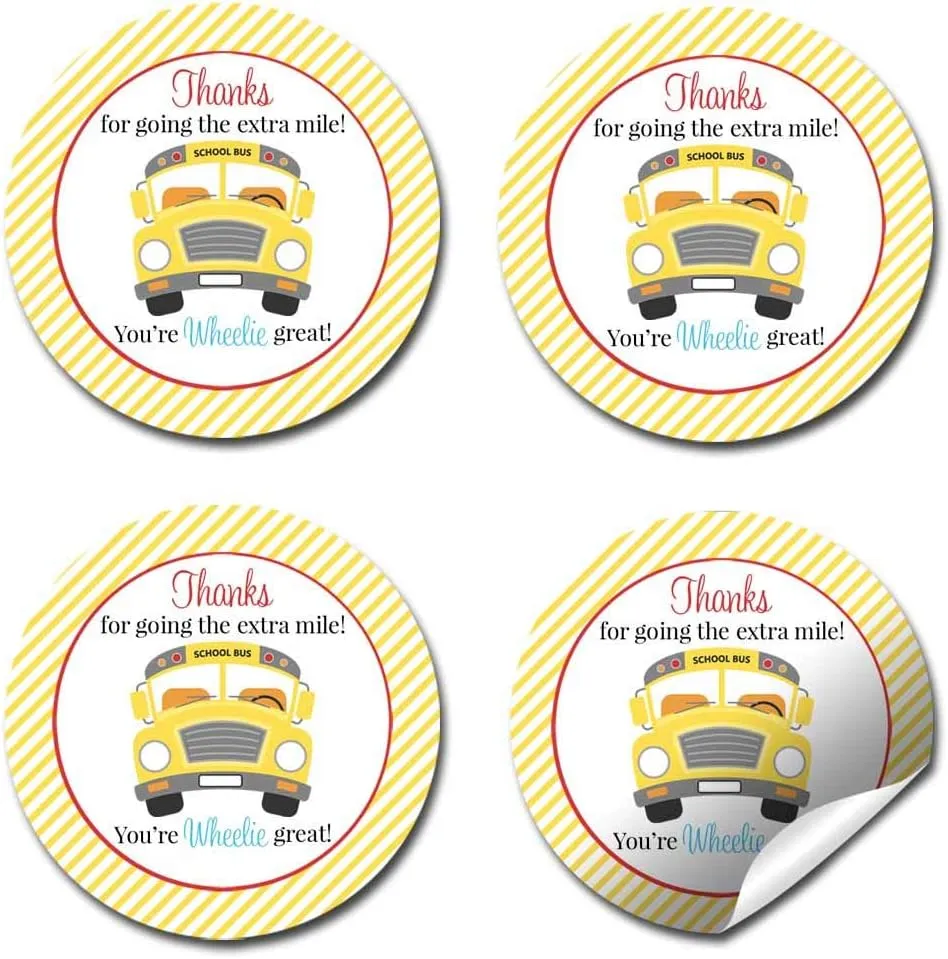 Go The Extra Mile Transportation Themed School Bus Driver Appreciation Thank You Sticker Labels, 40 2" Party Circle Stickers by AmandaCreation, Great for Envelope Seals & Gift Bags