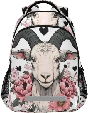 Goat Love Flower Valentines Backpack 3rd 4th 5th Grade School Bookbag Travel Laptop Daypack Bag for Boys Girls