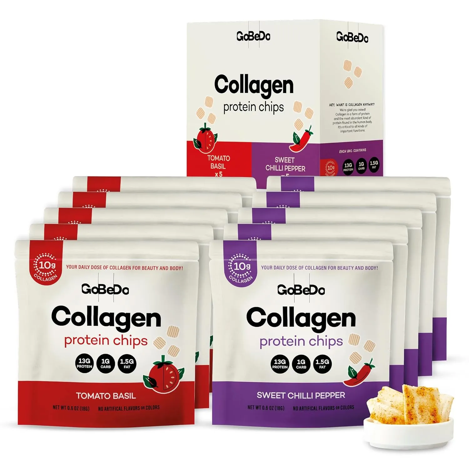 GoBeDo Collagen Protein Chips - 13g Protein Per Bag, Low Carb, GMO-Free, Keto Chips Diet, Gluten Free Snacks | Sweet Chilli Pepper & Tomato Basil Flavors | Collagen High Protein Snack (Pack of 10)