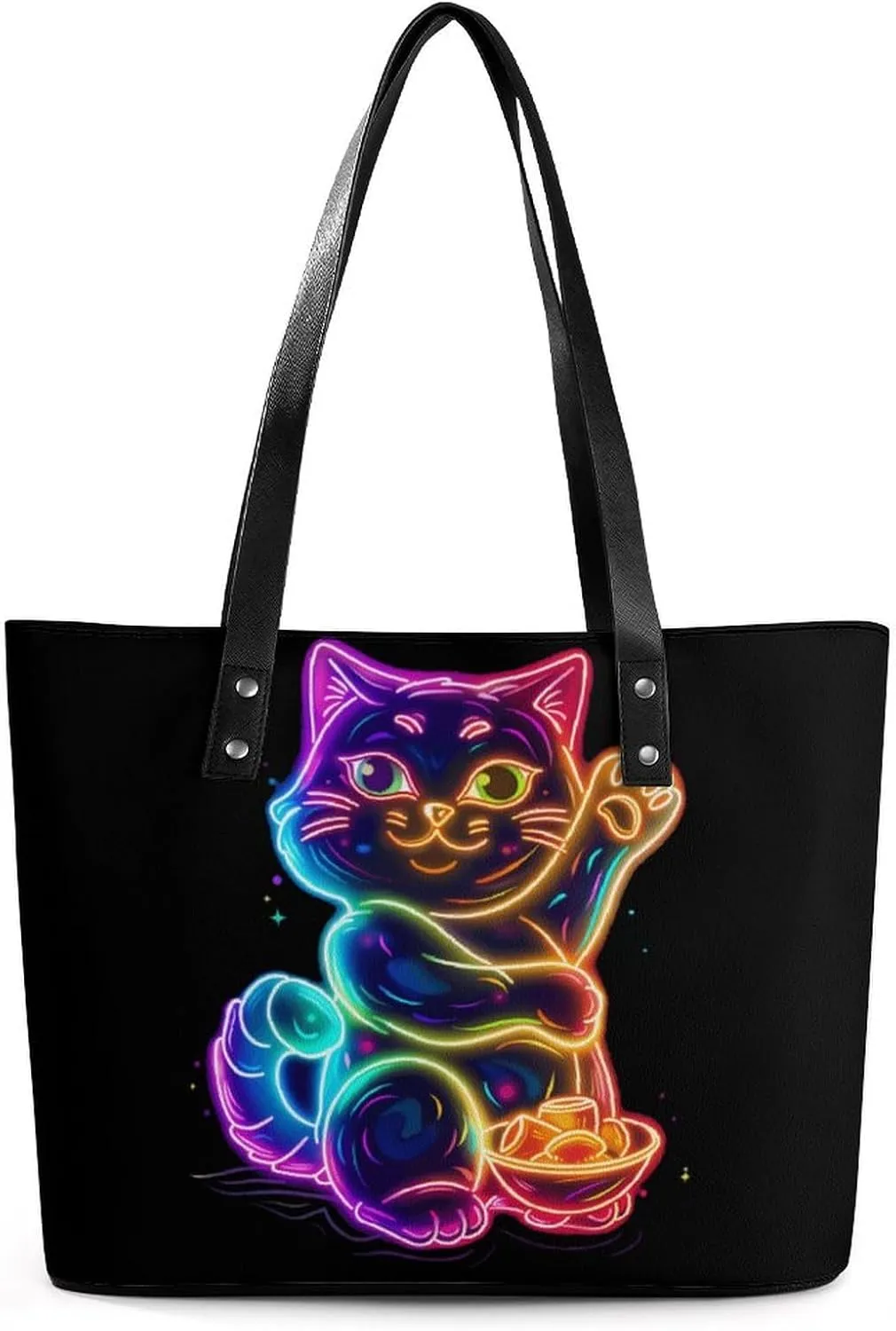 Good Luck Cat Women Tote Bag PU Leather Handbags Top Handle Bag Fashion Shoulder Purses with Zippered