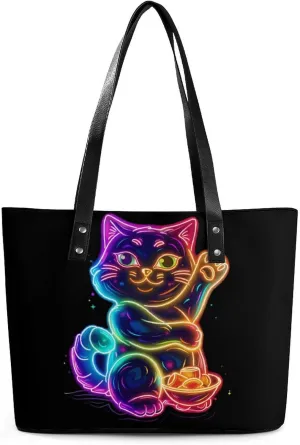 Good Luck Cat Women Tote Bag PU Leather Handbags Top Handle Bag Fashion Shoulder Purses with Zippered