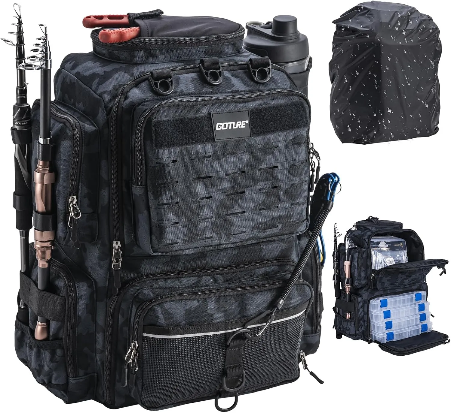 Goture Fishing Backpack, Fishing Tackle Backpack with Rod Holders, 45L 600D Large Fishing Bag Storage Fishing Gear, Water Resistant Tackle Bag with 8 Lure Pockets, Rain Cover for Camping Hiking