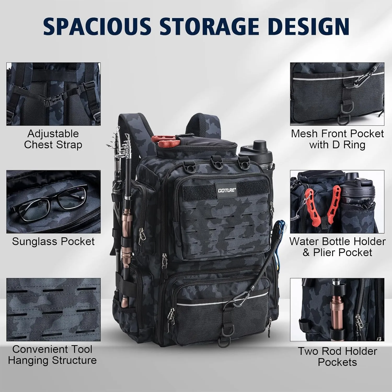Goture Fishing Backpack, Fishing Tackle Backpack with Rod Holders, 45L 600D Large Fishing Bag Storage Fishing Gear, Water Resistant Tackle Bag with 8 Lure Pockets, Rain Cover for Camping Hiking