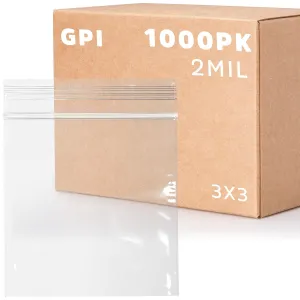 GPI - 1000 Count, 3" X 3" Clear Plastic Square Zip Bags, 2 Mil Thick, Strong & Durable Poly Baggies with Resealable Zip Top Lock for Travel, Storage, Packaging & Shipping