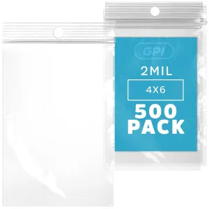 GPI - 4" x 6" - Bulk Pack of 500, 2 Mil Thick, Clear Plastic Reclosable Zip Bags, Hang Hole for Display, Durable Poly Baggies with Resealable Zip Top Lock for Storage, Packaging & Shipping