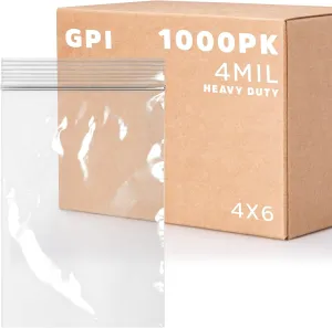 GPI - CASE of 1000, 4" x 6" CLEAR PLASTIC RECLOSABLE ZIP BAGS - Heavy Duty, Bulk 4 mil Thick Strong & Durable Poly Baggies With Resealable Zip Top Lock For Travel, Storage, Packaging & Shipping