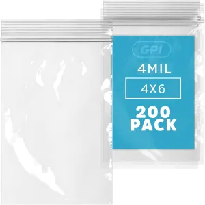 GPI - Pack of 200, 4" x 6" Clear Plastic Reclosable Zip Bags - Heavy Duty, Bulk 4 Mil Thick Strong & Durable Poly Baggies with Resealable Zip Top Lock for Travel, Storage, Packaging & Shipping