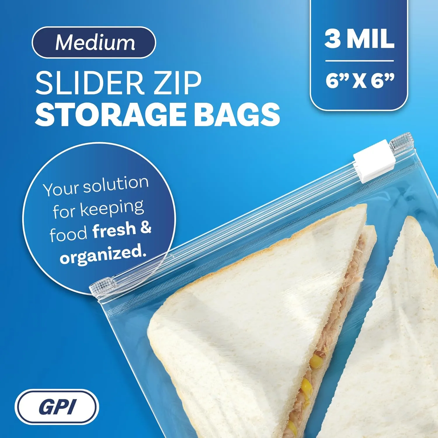 GPI - Slider Zip Food Storage Sandwich Bags, 6" x 6" 3 Mil Heavy Duty, Strong & Durable For Freezer Storage, 200 Count