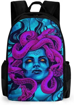 Greek Goddess Purple Snake Queen Medusa Art Rucksacks Lightweight Multipurpose Anti-Theft Shoulder Bag Big Capacity Laptop Book Bag Rucksack With Padded Straps