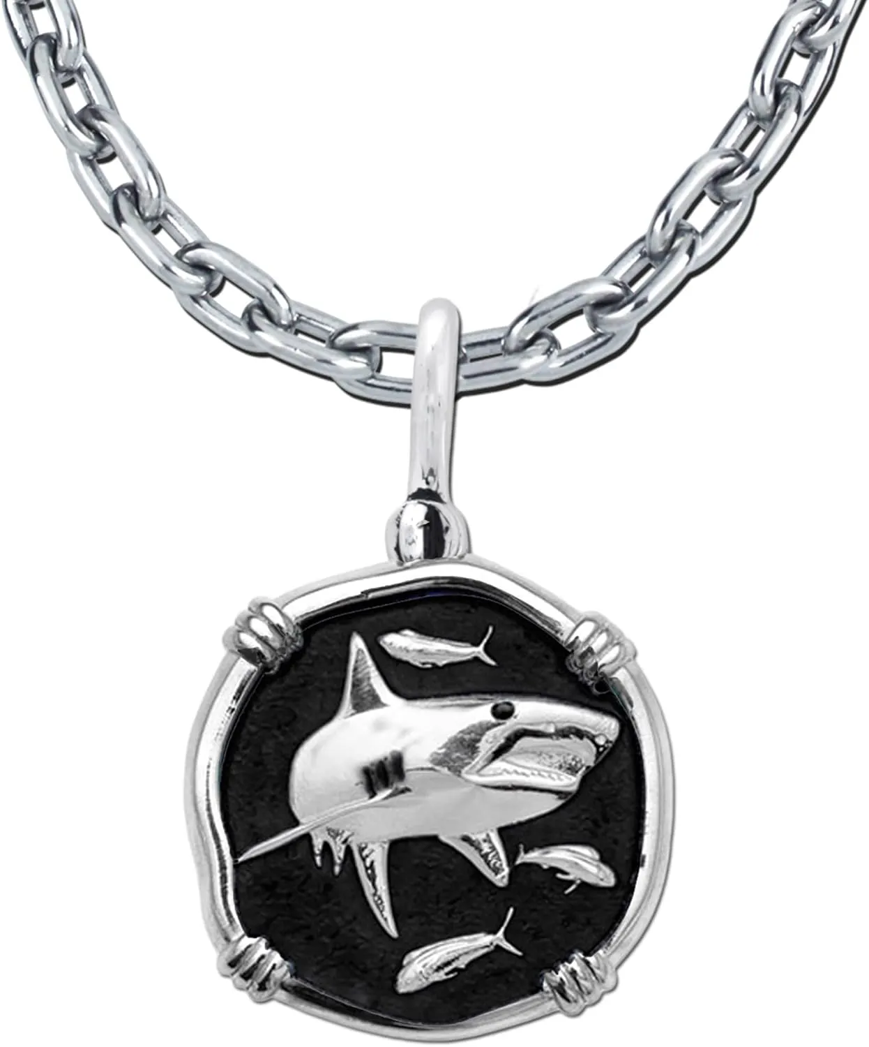Guy Harvey Shark Necklace Black Vitreous Enamel Background - Pendant Crafted in Sterling Silver on a Durable 24" Link Chain
