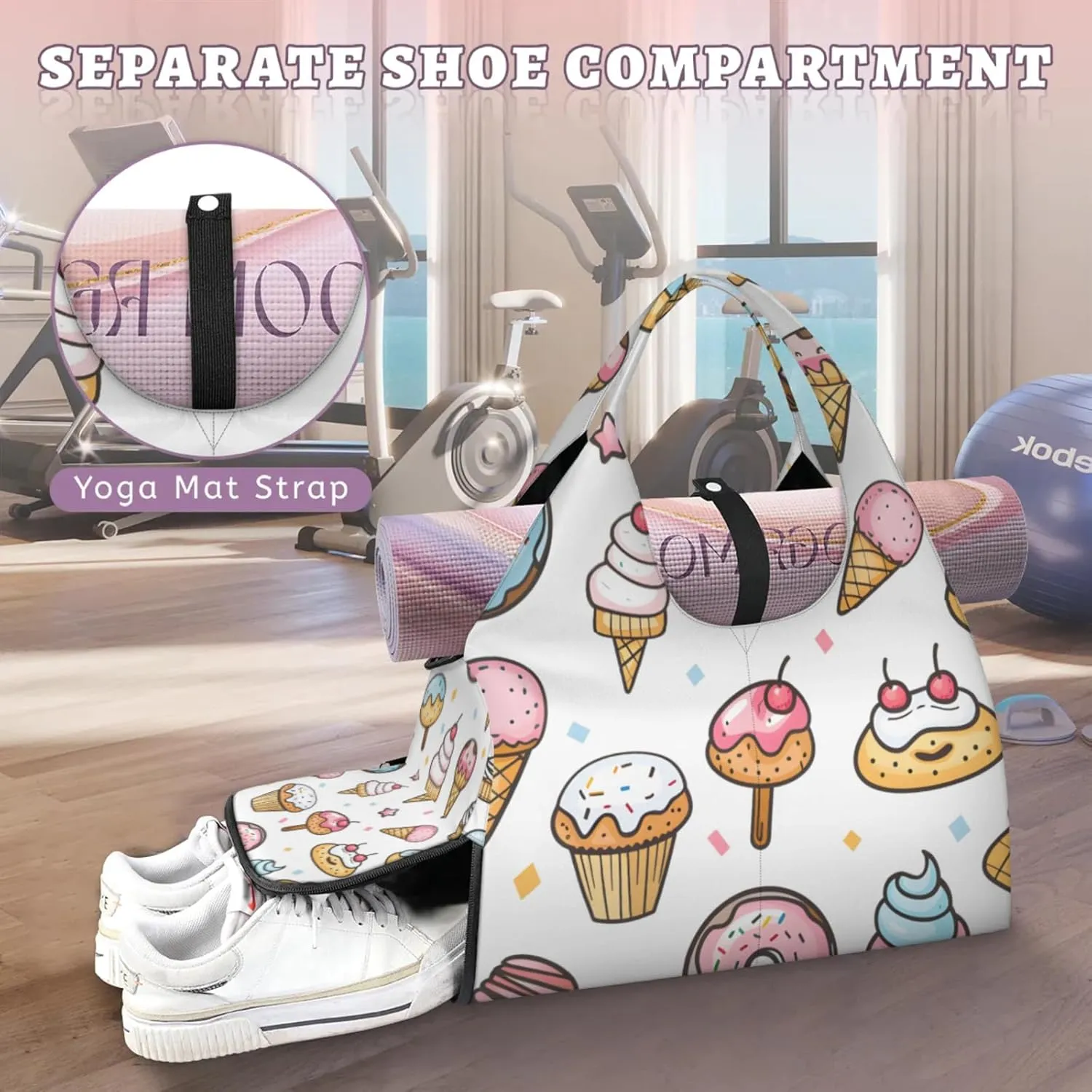 Gym Bag for Women Cartoon Ice Cream Duffel Bag with Shoe Compartment and Yoga Mat Holder Portable Weekender Bags Travel Tote Bags