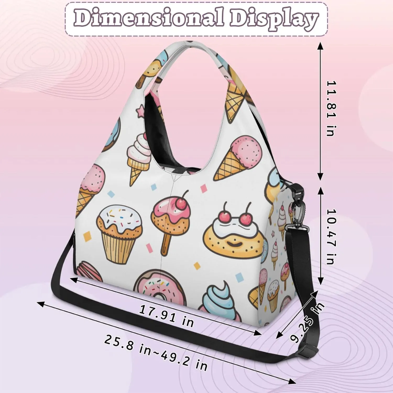 Gym Bag for Women Cartoon Ice Cream Duffel Bag with Shoe Compartment and Yoga Mat Holder Portable Weekender Bags Travel Tote Bags