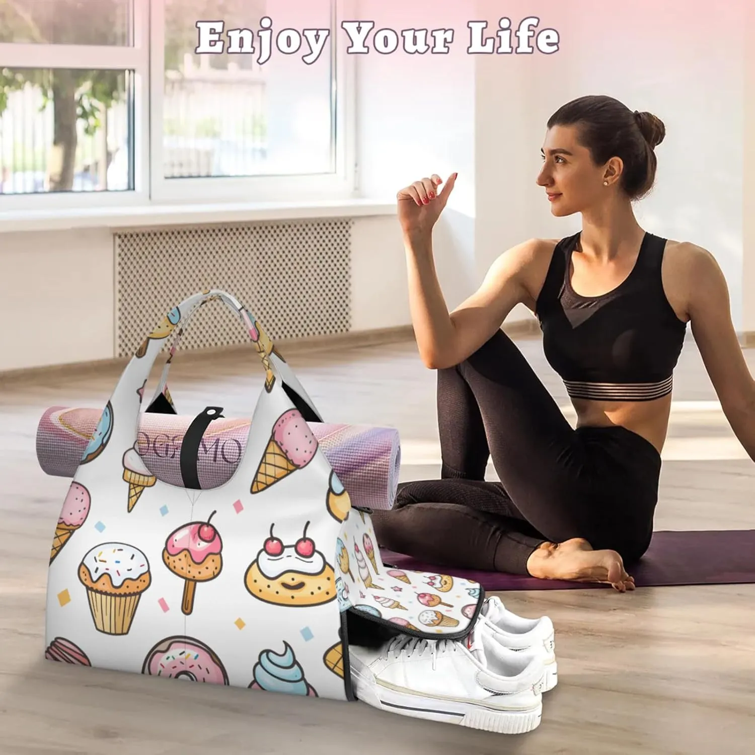 Gym Bag for Women Cartoon Ice Cream Duffel Bag with Shoe Compartment and Yoga Mat Holder Portable Weekender Bags Travel Tote Bags