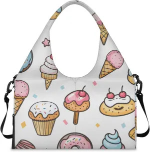 Gym Bag for Women Cartoon Ice Cream Duffel Bag with Shoe Compartment and Yoga Mat Holder Portable Weekender Bags Travel Tote Bags