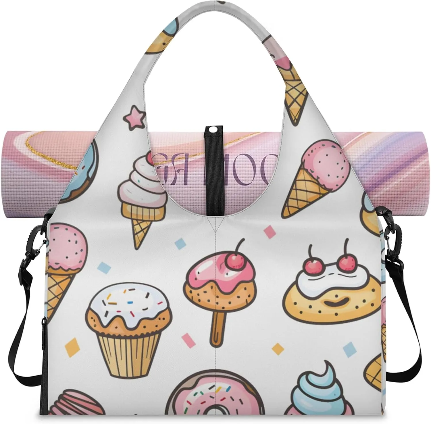 Gym Bag for Women Cartoon Ice Cream Duffel Bag with Shoe Compartment and Yoga Mat Holder Portable Weekender Bags Travel Tote Bags