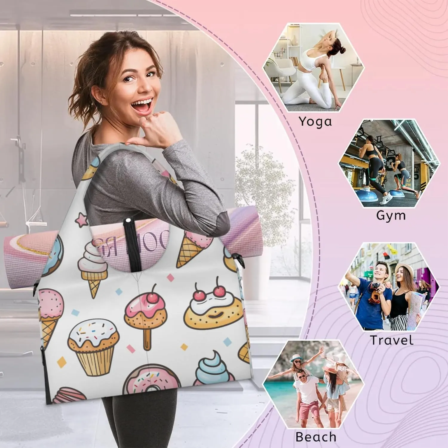 Gym Bag for Women Cartoon Ice Cream Duffel Bag with Shoe Compartment and Yoga Mat Holder Portable Weekender Bags Travel Tote Bags