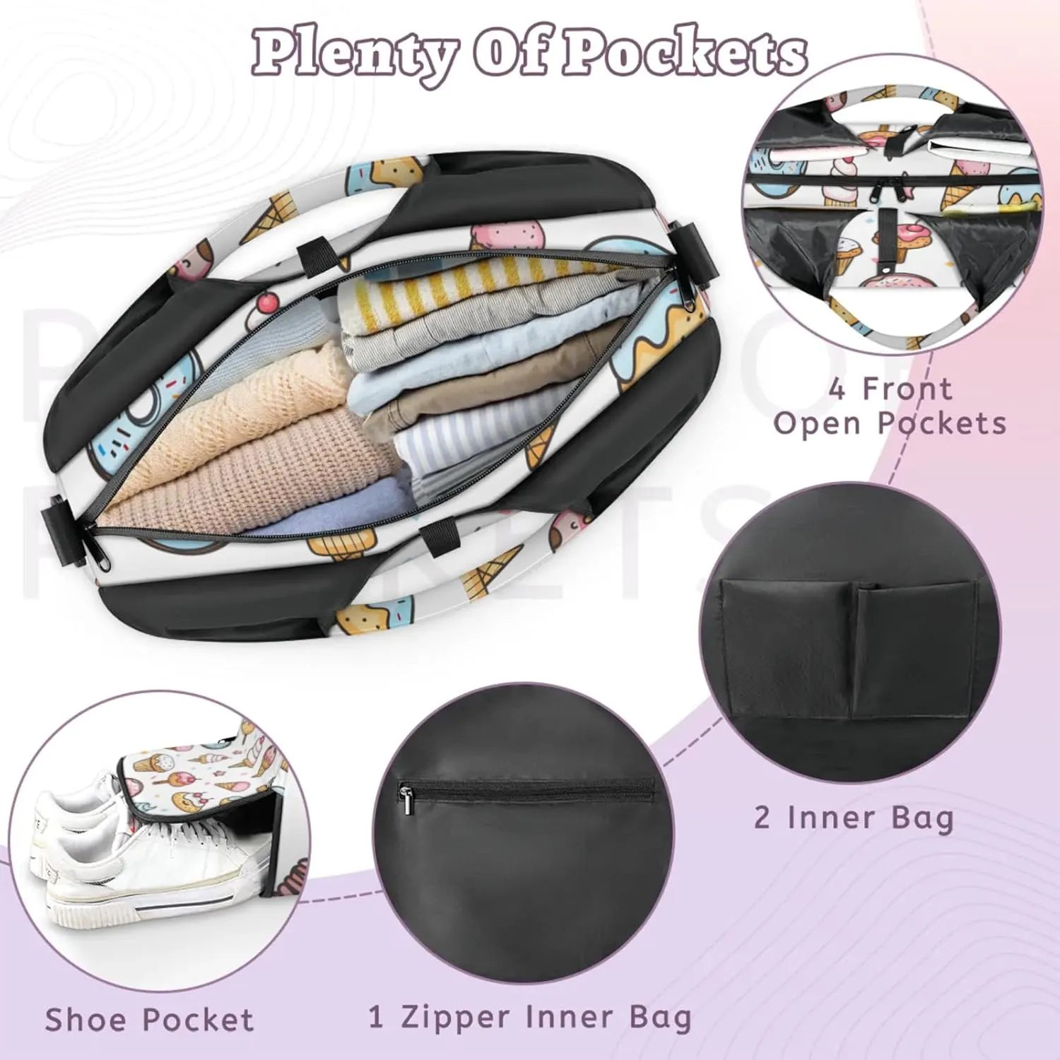 Gym Bag for Women Cartoon Ice Cream Duffel Bag with Shoe Compartment and Yoga Mat Holder Portable Weekender Bags Travel Tote Bags