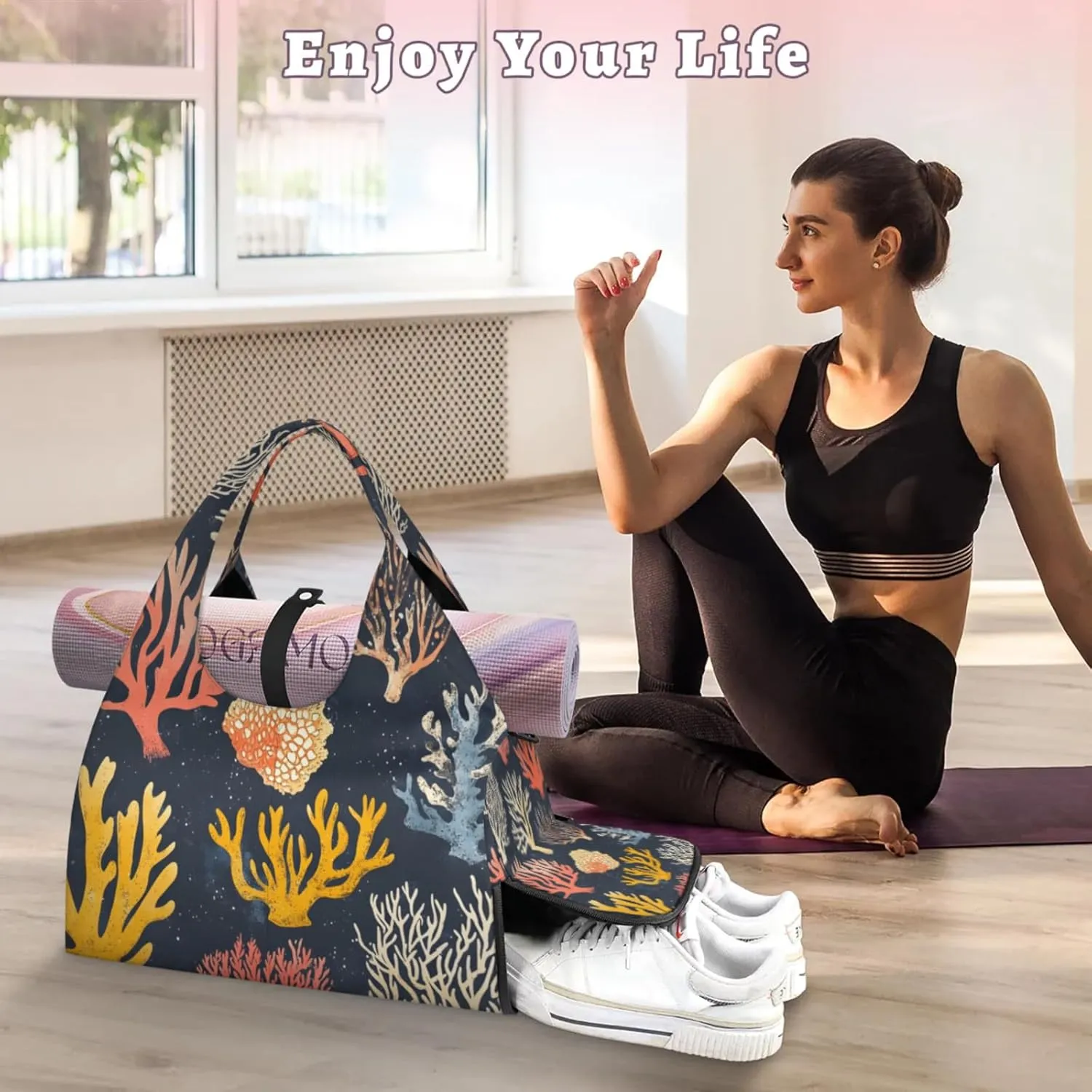 Gym Bag for Women Coral Print Duffel Bag with Shoe Compartment and Yoga Mat Holder Portable Weekender Bags Travel Tote Bags