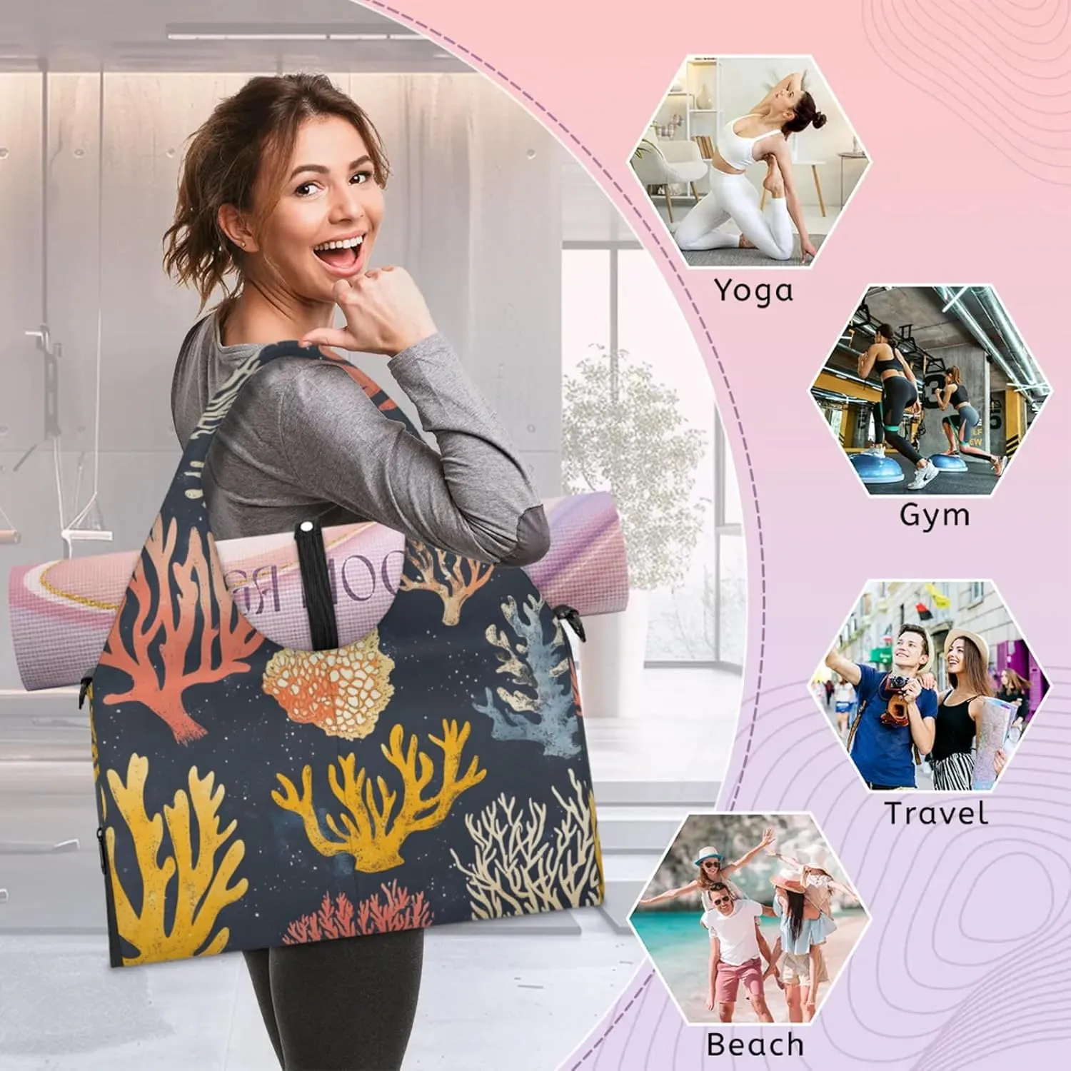 Gym Bag for Women Coral Print Duffel Bag with Shoe Compartment and Yoga Mat Holder Portable Weekender Bags Travel Tote Bags