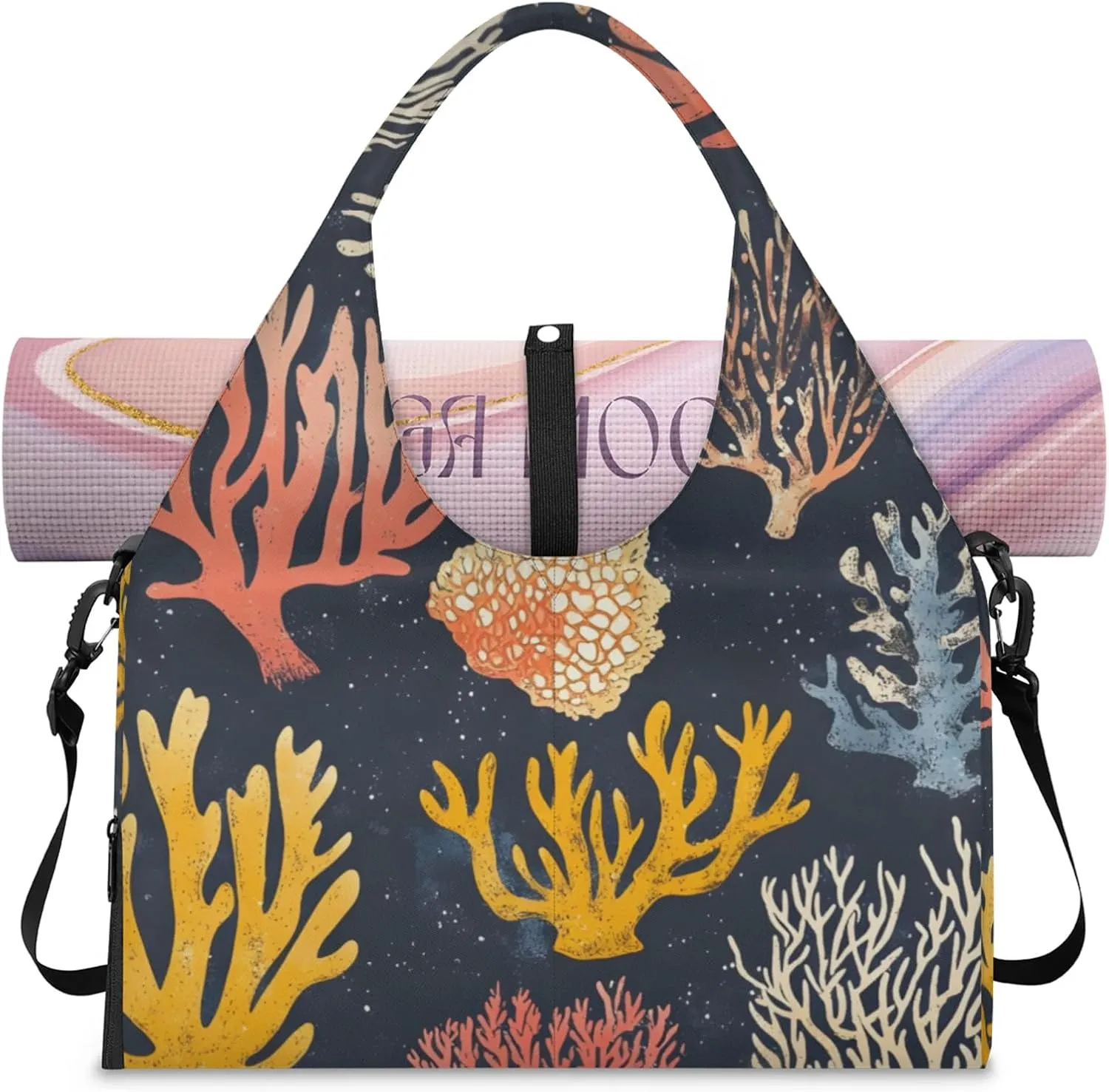 Gym Bag for Women Coral Print Duffel Bag with Shoe Compartment and Yoga Mat Holder Portable Weekender Bags Travel Tote Bags